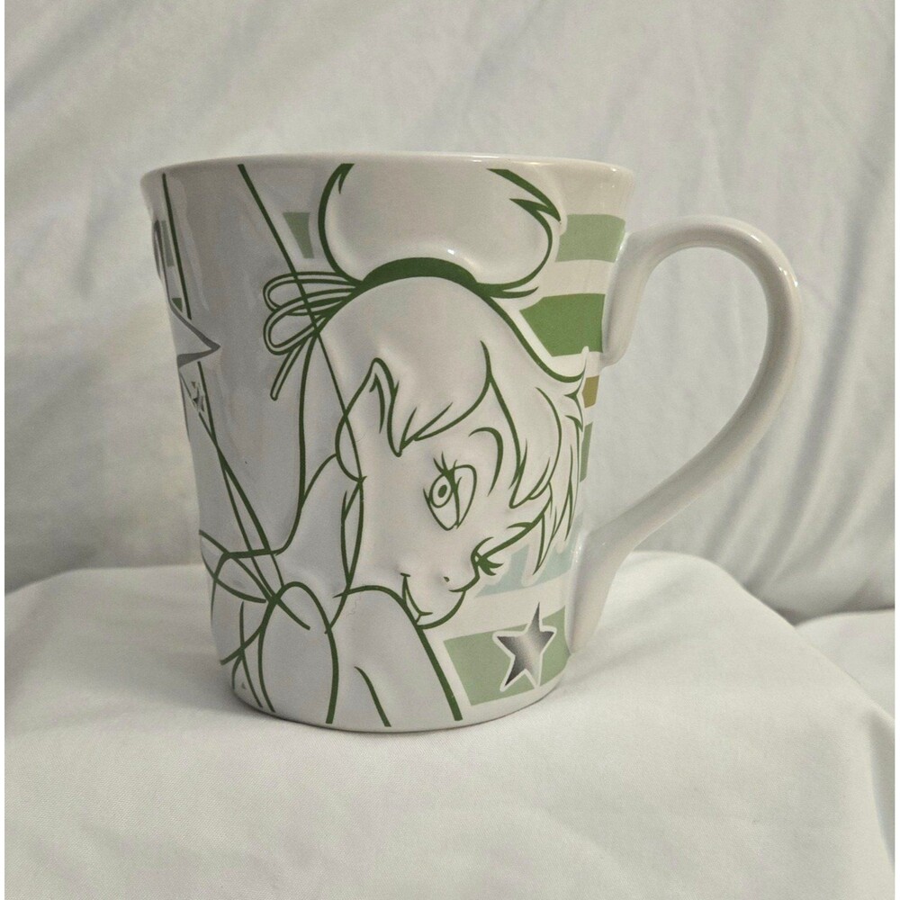 Disney Store Tinkerbell Tink Coffee Cup Mug 3D Green Embossed Peter Pan 16oz
